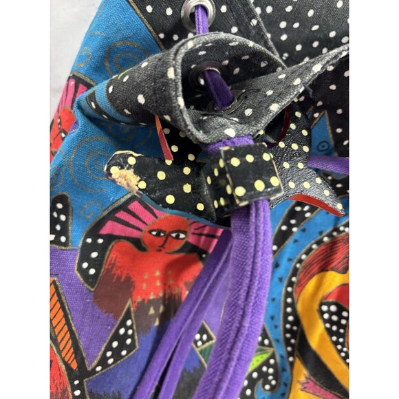 Vtg 90s LAUREL BURCH Tote Bag Drawstring Bucket Canvas Cat Retro Folk Art Artist - Picture 11 of 16